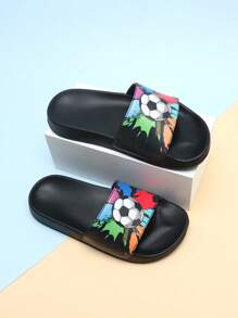 Kids' Fashion Slippers, Minimalist Cartoon Football Non-Slip Soft Bottom Lightweight Boys' Home & Casual Sandals - Black - View 6