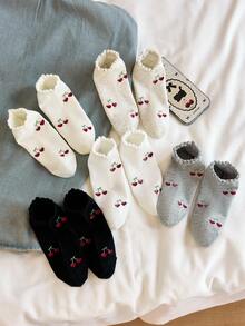 4 Pairs Of Women's Sweet Cute Cherry Pattern Simple Short Socks Ankle Socks Crew Ruffle Edged Socks, Christmas Gift, Girls Socks, Fashion Ins Style Comfortable White Socks In Random Colors, Suitable For All Seasons, For Summer&Fall&Winter