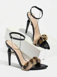 女士高跟鞋，适合春夏晚宴、户外活动、时尚社交聚会，电镀尖头细高跟，饰以闪亮金属链，高品质石纹材质搭配豹纹毛皮，可调节踝带，优雅黑色正式高跟凉鞋，适合舞会和派对 - 黑色 - 查看 7