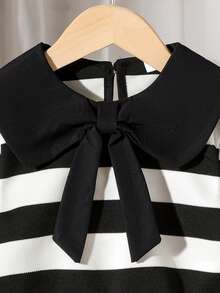 2 件套女婴优雅可爱彼得潘领条纹长袖运动衫 + 裤子套装，轻便，适合春秋季 - 黑色 - 查看 3