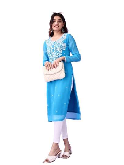 Estationeryhouse Women's Georgette Lucknowi Chikankari Kurti, Rose Design With Heavy Embroidery, Without Bottom(Blue)