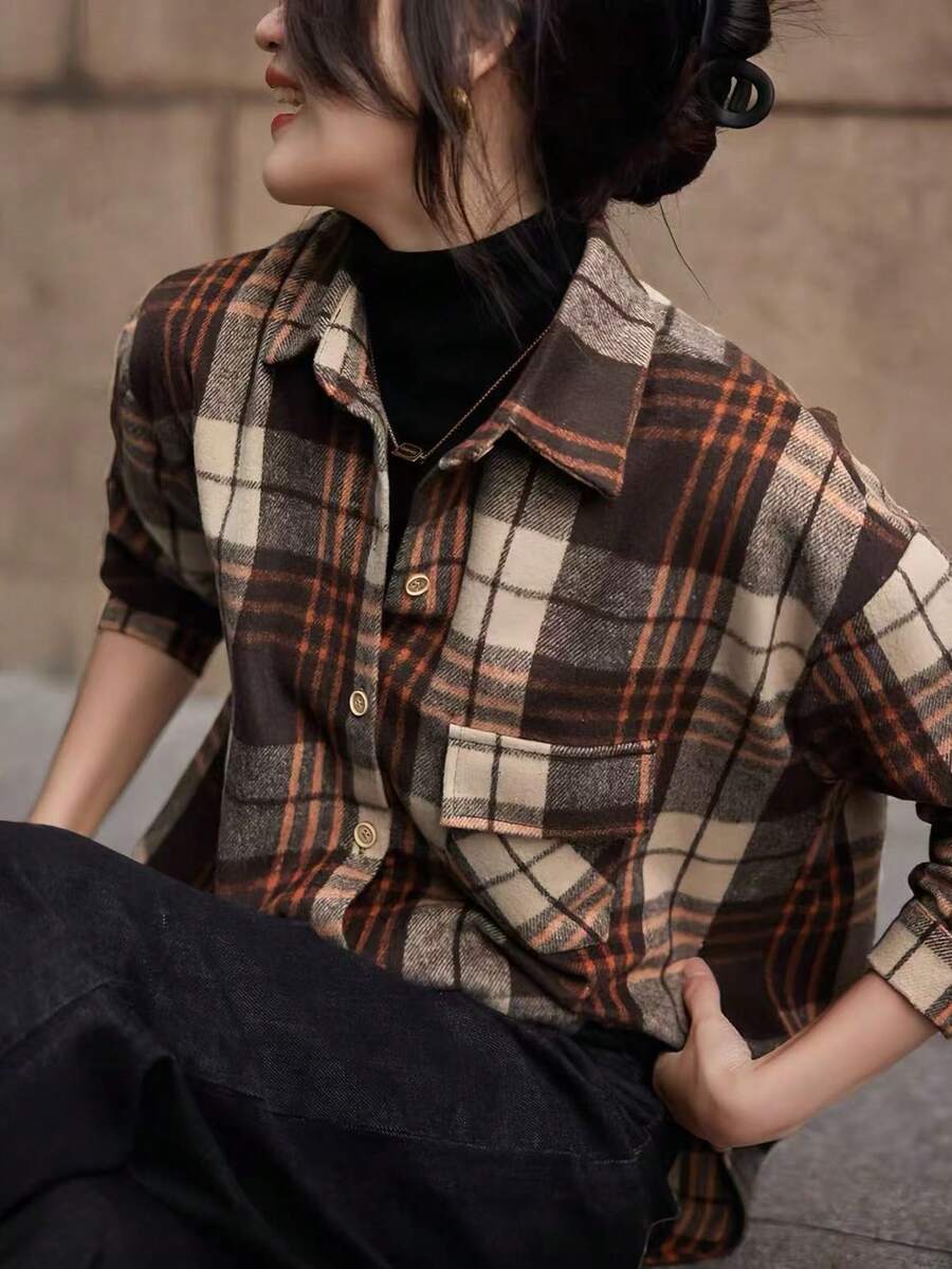 Vintage Brushed Thickened Layered Plaid Shirt, Long Sleeve Top For Spring & Autumn