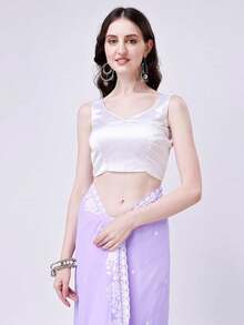 Women's Georgette Embroidery Border Work Designer Saree With Blouse Piece(Lilac) - Lila Púrpura - Ver 2