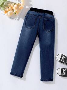 Pantalones largos de mezclilla con cintura elástica y cordón para niñas, adecuados para uso casual, fiestas y todas las estaciones - Azul Marino - Ver 2