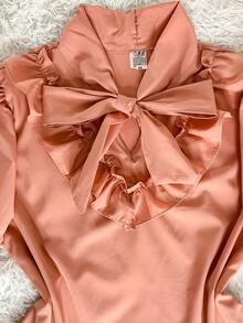 SHORT SLEEVE PUFFED DRESS TOP WITH RUFFLE AND BOW, WOMEN'S FASHION - Baby Pink - View 2