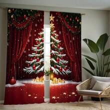 2 piezas Cortinas navideñas con estampado de árbol de Navidad rojo - Decoración navideña elegante con copos de nieve, estrellas doradas y adornos, diseño de bolsillo para vara para sala de estar o dormitorio, de microfibra de poliéster lavable a máquina, Cortinas navideñas