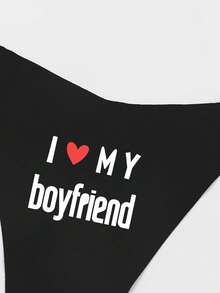 女士性感黑色印花内衣，薄款性感T型背带丁字裤 - 黑色 - 查看 3