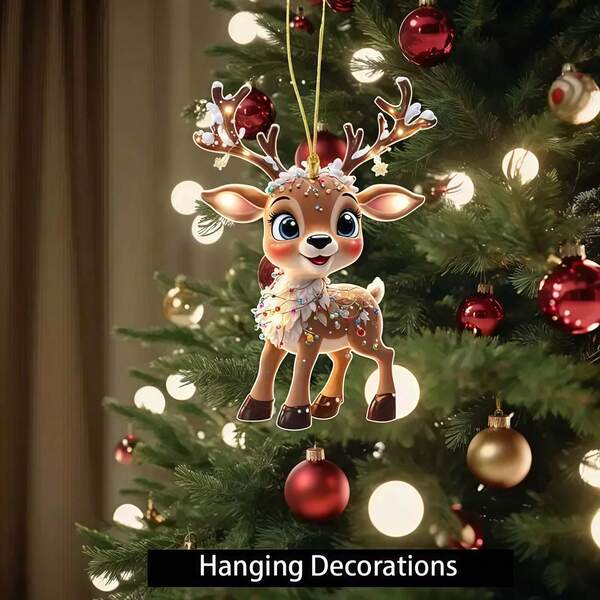 1pc Creative Acrylic Reindeer & Christmas Tree Hanging Ornament, Car Decor, Party Decoration, Christmas Gift