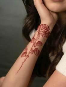 STARTTOOS 1 件水彩玫瑰花临时纹身，性感肩颈身体艺术纹身贴纸，防水，适合日常佩戴和派对 - 紅色 - 查看 4