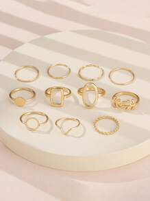 11pcs/Set Minimalist Personalized Geometric Chain Leaf Design Women Rings Set - Yellow Gold - View 5