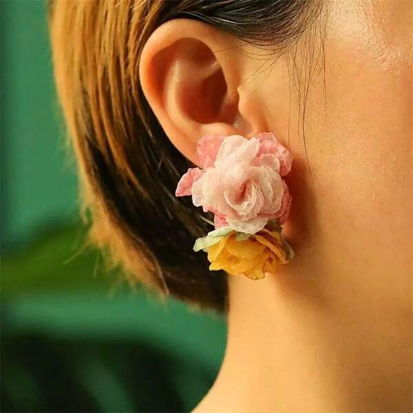 1 par de pendientes de flor de tul hechos a mano, lindos, de moda, minimalistas, elegantes, sexys y lujosos para mujeres, adecuados para bodas, fiestas, vestidos de noche, pendientes de flor
