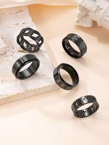 5入組時尚不鏽鋼戒指，簡約黑色羅馬數字戒指，中空旋轉戒指，男士酷炫嘻哈戒指配件