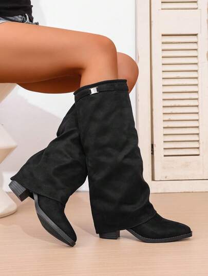 2025 Women's Pointed Toe Thick Heel Non-Slip Solid Color Fashion Sexy Pull-On Over-The-Knee Boots, Autumn/Winter,Party