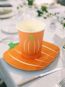 10/20 件万圣节南瓜纸盘和杯子餐具，南瓜盘杯餐巾适用于万圣节派对感恩节和家庭聚会 - 橘色 - 查看 2