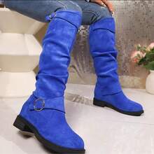 These Versatile Women's Chunky-Heeled Knee-High Boots Feature A Wide Leg And A Bonded Design. The Solid Color And European/American Style Are Accented With A Retro-Inspired Pleated Pointed Toe, Exuding A Fashionable Vibe. - Màu xanh lam - Xem 3