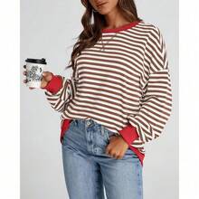 Womens Oversized Striped Sweatshirt Crewneck Long Sleeve Pullover Top Casual Y2K Spring Clothes 2026 Workout Shirt,Vacation Outfits Women,Valentine Outfits For Women,Street Photography - 棕色白色 - 查看 7