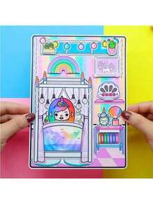 Toca Einhorn Toca World Mädchen Rollenspiel DIY Stilles Buch Papierpuppe Handwerksset für Kinder - mehrfarbig - Übersicht 6