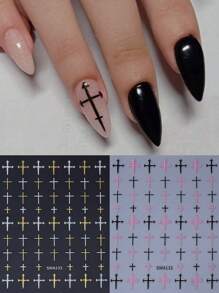 2pcs Gothic Style Nail Stickers, Minimalist Cross Design, Y2K Metallic Black White Pink Gold Color, 3D Self-Adhesive Nail Stickers, DIY Elegant Nail Decor, Women & Girls Nail Art Supplies - Multicolor - View 2