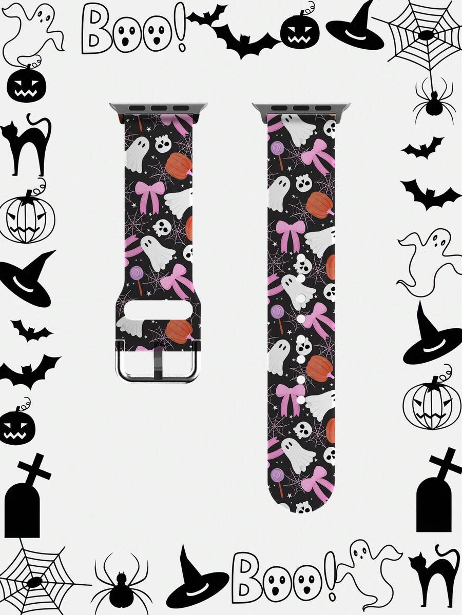 1pc Pumpkin & Leaf Design Soft Elastic Breathable Wristband Replacement Watch Band Compatible With Samsung, Garmin, Honor Smartwatches, Apple Watch 38mm 40mm 41mm 45mm 44mm 42mm 49mm, Fashionable Casual Multi-Color Silicone Watch Band Compatible With Apple Watch Ultra SE/Series 10/9/8/7/6/5/4/3/2/1