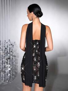奢华手工串珠亮片性感不对称领口无袖网眼透视修身连衣裙，女士正式晚礼服，适合婚礼宾客、伴娘、派对、节日 - 黑色 - 查看 5