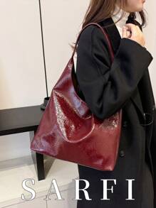 时尚、经典、百搭的女士单肩包，新款夏季勃艮第手提包，简约风格纯色褶皱纹理设计校园手提包，适合大学生日常购物和旅行学生单肩包，时尚勃艮第包