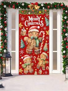 1 bandeira decorativa de porta com tema natalino, 78 x 156 cm, estilo retrô plano 2D, tema de boneco de neve, tema de Papai Noel entregando presentes, bandeira de porta de poliéster "Feliz Natal", capa de porta de Natal, adequada para decoração de entrada de feriados de Natal, decoração de casa e quintal de inverno, bandeira de festival de Natal - Multicolorido - Ver 10