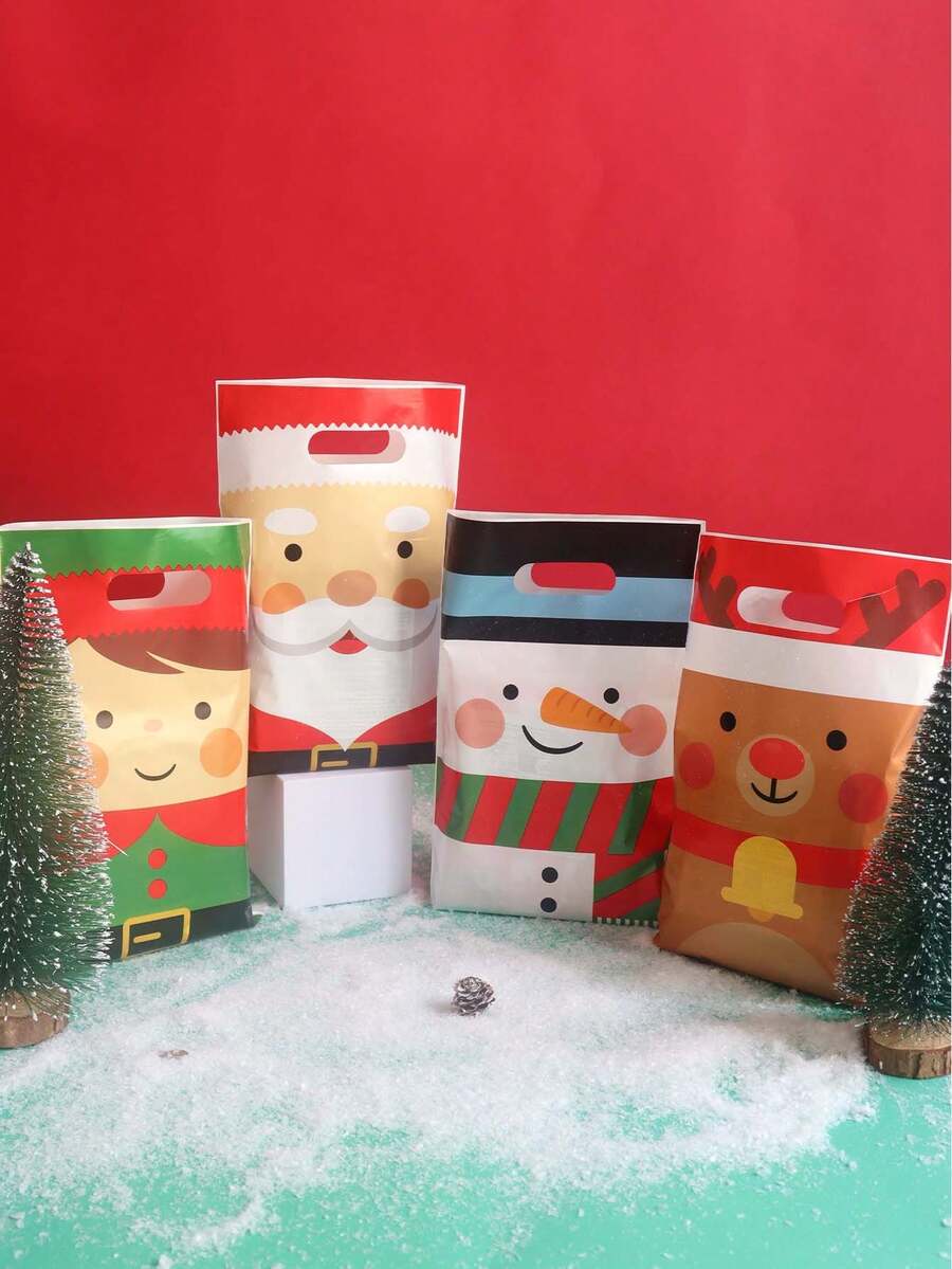 20/50pcs 16.5*25cm Christmas Gift Bags With 4 Patterns, Cute Cartoon Santa Claus, Snowman, Reindeer And Christmas Elf, Suitable For Christmas Gift Packaging, Family Gatherings, Parties And Holiday Gifts.