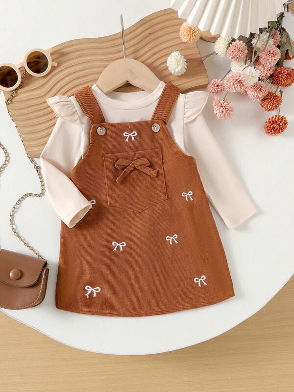2Pcs Toddler Girls Cute & Stylish Long Sleeve Top + Bib Overall Dress Set, Lightweight For Spring & Autumn