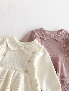 Baby Girl Knitted Romper Dress, Fashionable Long Sleeve Ruffled Infant Jumpsuit Bodysuit, Autumn/Winter