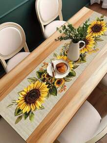 1 buc. Față de masă rustică cu model de floarea-soarelui - Design floral galben vibrant pe fundal bej, Material textil din poliester, Perfect pentru mese de sufragerie, măsuțe de cafea și decor pentru casă, Utilizare în toate anotimpurile, Decor de bucătărie cu model de floarea-soarelui (13x35.4/47.2/63/72/78.7 inci), Decor de toamnă, Decor de toamnă, Decor de cameră