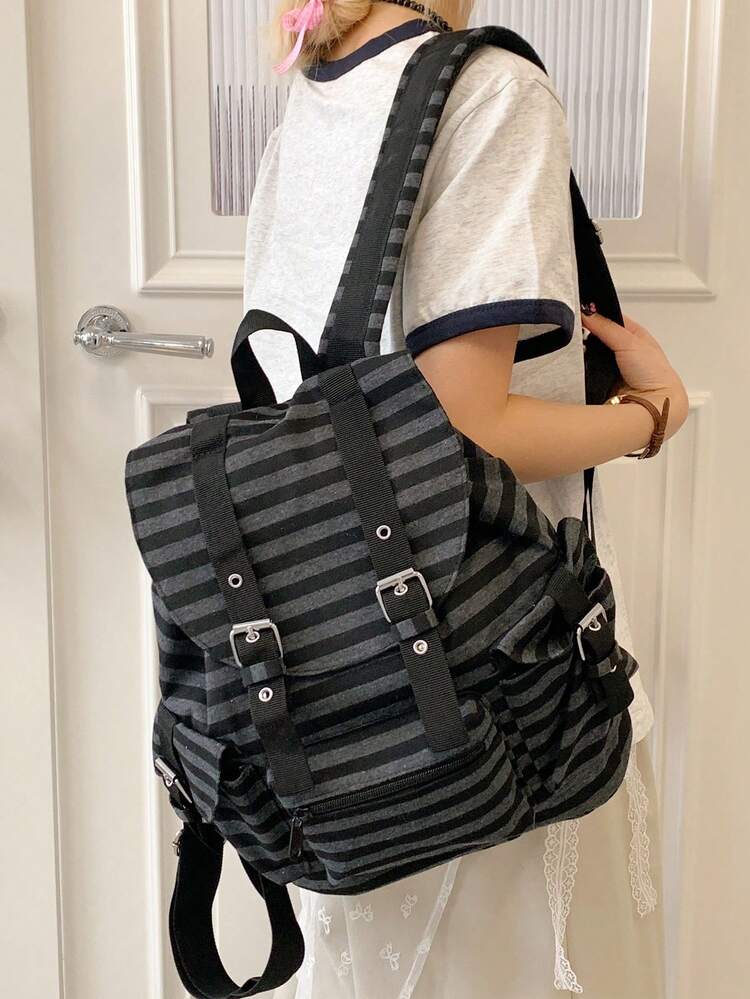 新款时尚条纹抽绳休闲复古大容量复古欧美风格学院日常购物旅行女士背包 - 黑色 - 查看 11