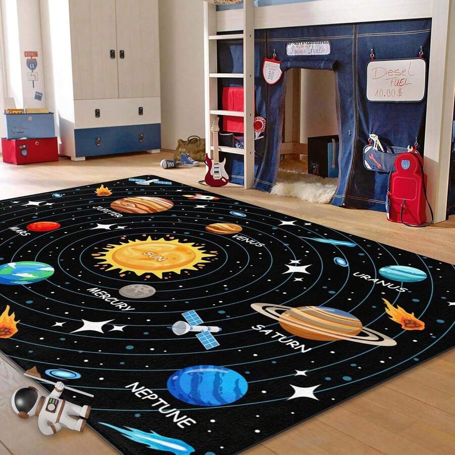 Space Solar System Area Rug, Non-Slip Low Pile Flannel Decor Rugs, Machine Washable Indoor Rug With Black Binding Rug, Suitable For Dining Room, Bedroom Home Office Laundry Kitchen(31*20in/16*48in/18*60in/84*60in) - D1 - 查看 1
