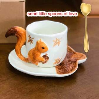 1 件全新手绘可爱松鼠枫叶陶瓷杯碟套装，有趣的下午茶套装，实用又上镜，精美小礼物，创意节日纪念品