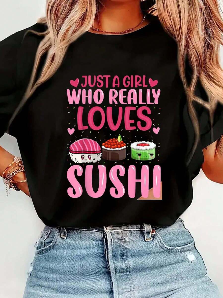 100% Cotton Japanese Sushi Lover - Just A Girl Who Really Loves Sushi T-Shirt Women's Men's Streetwear Graphic Tee Black Crew Neck Vacation Tops - 黑色 - 查看 1