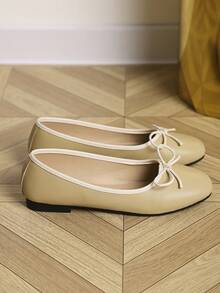 European & American Fashion Solid Color Ballet Bowknot Flat Shoes, Outdoor Spring/Autumn Ladies Flat Slip-On Soft Leather Soft Sole Shoes