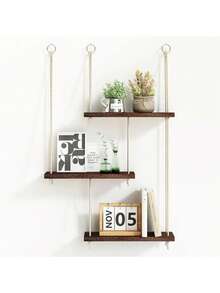 3-Tier Woven Macrame Wall Hanging With Wooden Floating Shelf, Boho Style Home Decor For Bedroom And Living Room - 1set - View 11