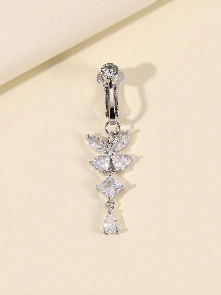 1pc Silver Non-Piercing Butterfly Fake Belly Button Piercing Clip On Fake Piercing Suitable For Daily Wear By Women - Silver - View 1