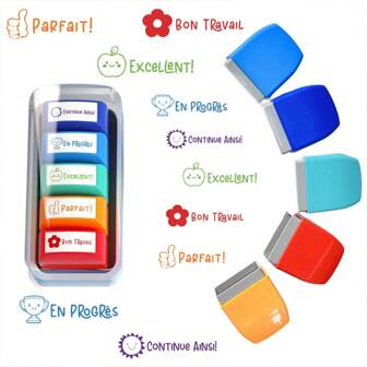 5 件套法国励志教师印章、自来水印章套装、彩色鼓励印章（用于家庭作业评论）、课堂用品（多色）
