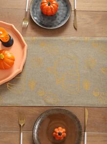 1pc Halloween Burlap Table Runner With Gold Foil Pumpkin Decor, For Living Room, Dining Room, Kitchen, Thanksgiving, Harvest Season, Autumn