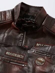 Men's Outdoor Winter Plus Fleece Motorcycle Style PU Leather Jacket, Solid Color Stand Collar Pilot Letter Patch Zipper Leather Jacket.