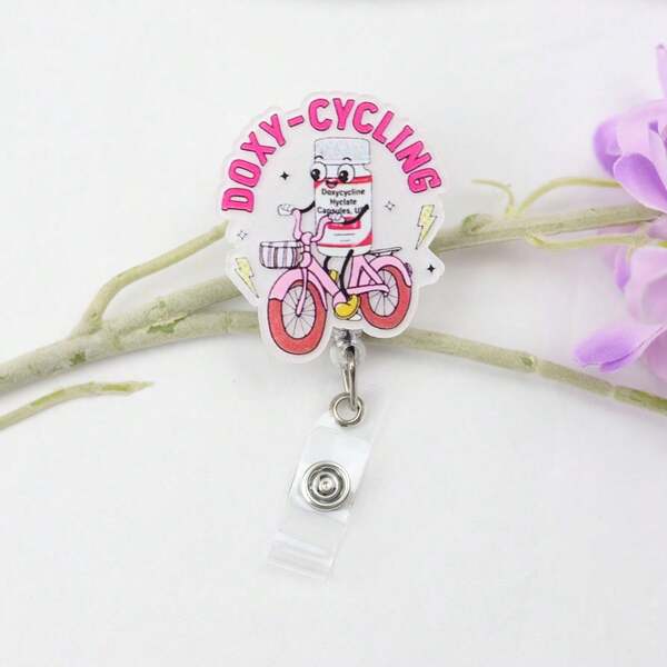 1pc Pink Cartoon Funny CYCLING Retractable Badge Reel Acrylic ID Name Card With Clip Badge Buckle Nurse Accessories Nurse Gift