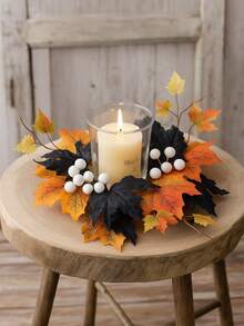 1Pc Halloween Thanksgiving Pumpkin Candle Ring Centerpiece With Autumn Maple Leaves Pinecones Berries Fall Harvest Table Decor Spooky Candle Holder Wreath For Holiday Party Tiered Tray Dining Room Fireplace Mantel Decoration Fall Decor - Multicolor - View 7