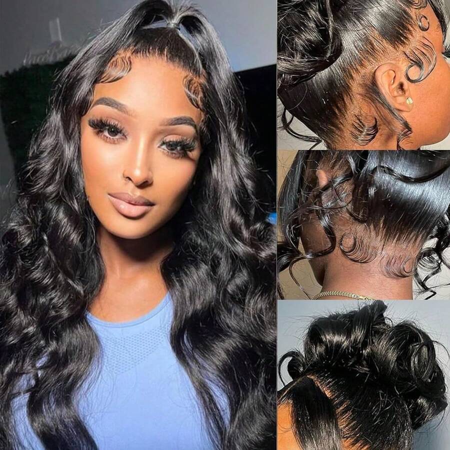 bling hair 32 Inch Hidden Strap 360 Body Wave Lace Front Wigs Human Hair Pre Plucked Full 360 Frontal Wigs Human Hair Transparent Lace Wig For Women With Baby Hair (Body Wig, 32 Inch) - Natural Black - 查看 1