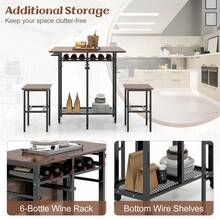 GOFLAME 3 PCS Foldable Dining Table And Chair Set, Rectangle Kitchen Table With Expandable Top, 6-Bottle Wine Rack, Shelves, Mobile Breakfast Table Set With Push Handle And Wheels, Rustic Brown - Brown - View 7