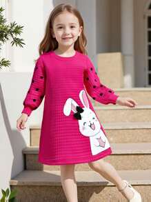 Young Girl Cute Rabbit Print Bowknot Decor Round Neck Long Sleeve Stylish Dress