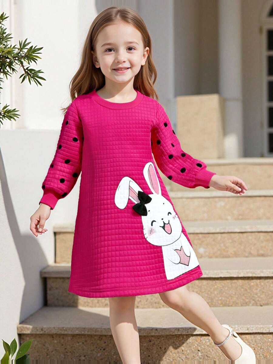 Young Girl Cute Rabbit Print Bowknot Decor Round Neck Long Sleeve Stylish Dress