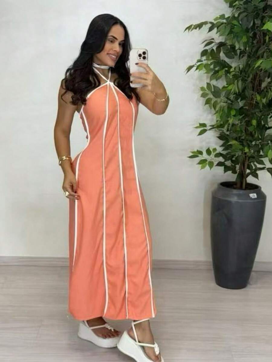 Women's Premium Halter Neck Long Striped Dress With Tie H-13 - Màu Hồng San hô - Xem 1