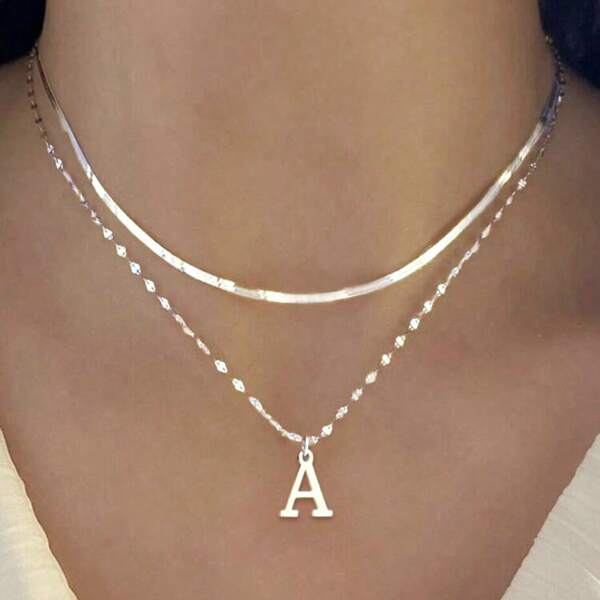 Kit 2 colares elegantes para mulheres com pingentes de letras A-Z, banhados a prata 925 ou ouro 18K