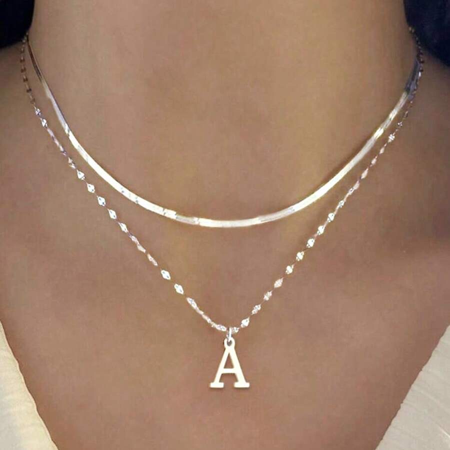 Set Of 2 Elegant Necklaces For Women With A-Z Letter Pendants, Plated In 925 Silver Or 18K Gold - 銀色 - 查看 1