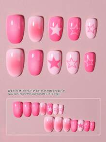 24pcs Oval-Shaped French Manicure Nail Stickers, Pink Star Pattern, Princess Style, Perfect Fit, Acrylic Fake Nails Set Includes 1pc Jelly Gel And 1pc Nail File, Suitable For Women And Girls To Wear In Summer, Nail Art Supplies - Multicolor - View 3